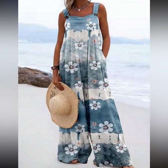 Boho Plus Size Floral Print Overall Wide Leg Jumpsuit - Picture 3 of 7